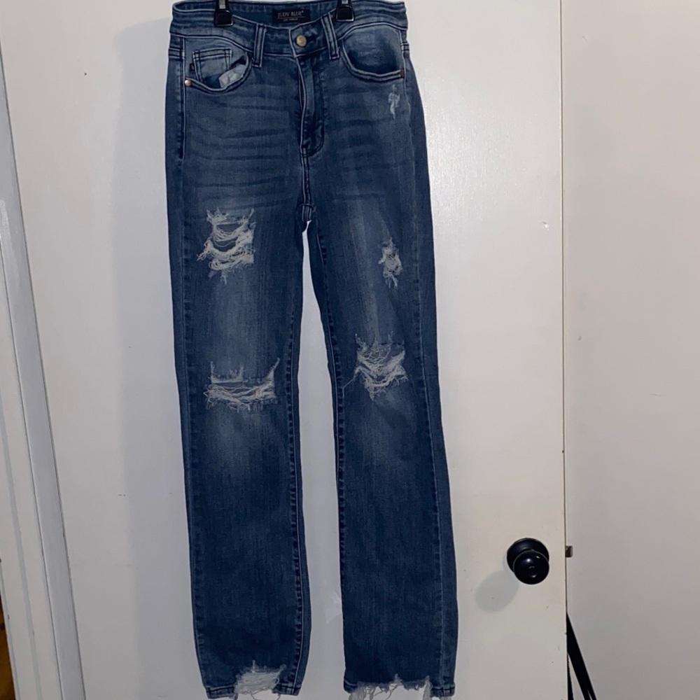 Judy Blue Distressed Straight Leg Jeans - Dark Blue